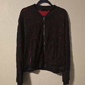 LuLaRoe Black and Red Lace Bomber Jacket